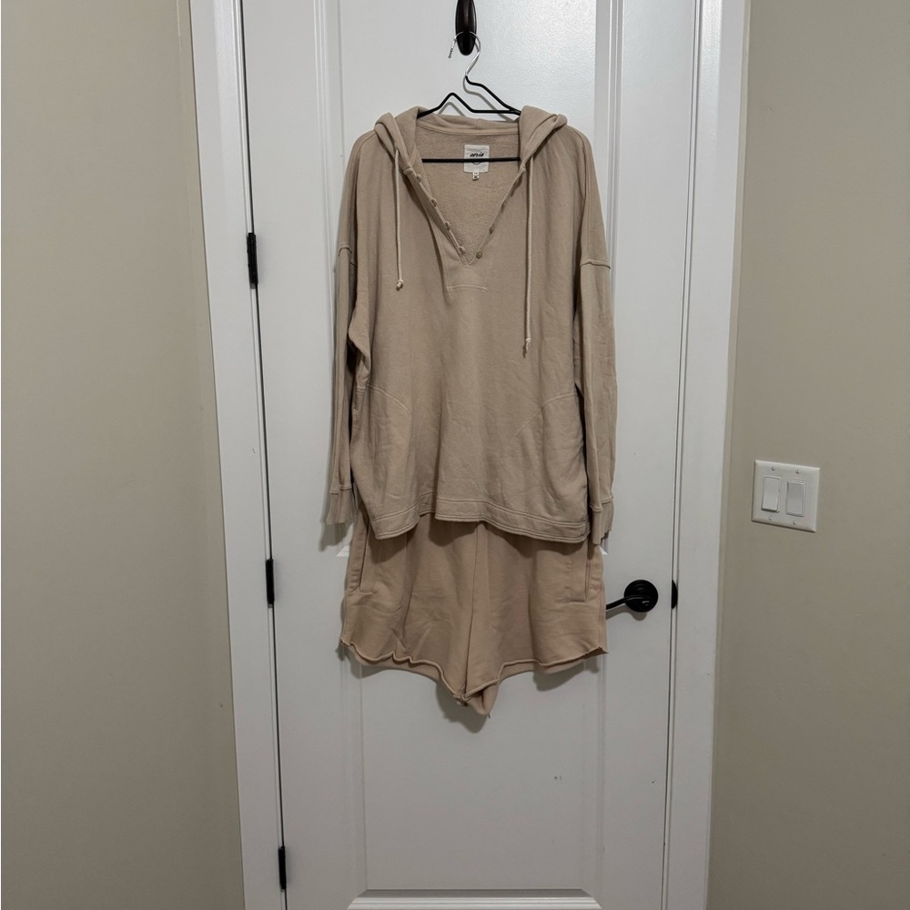 Aerie Taupe Hoodie/shorts *SET* with Button Detail
